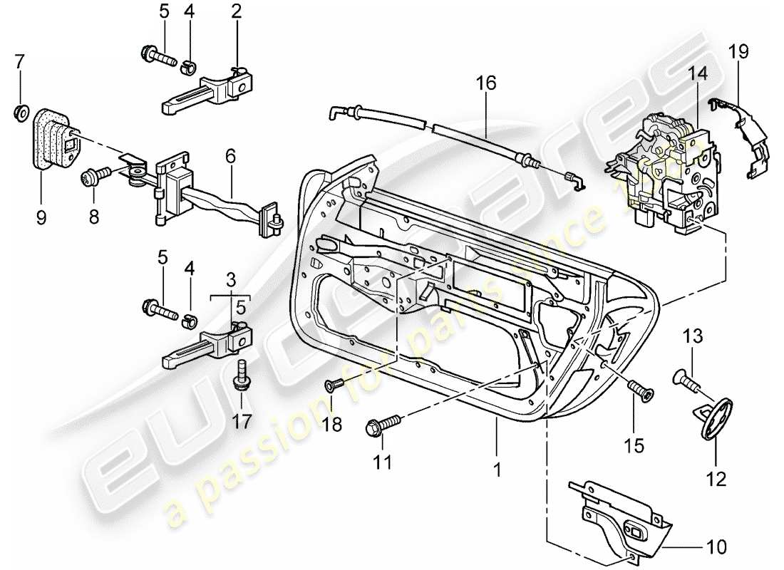 porsche 996 (2003) door shell - door latch part diagram