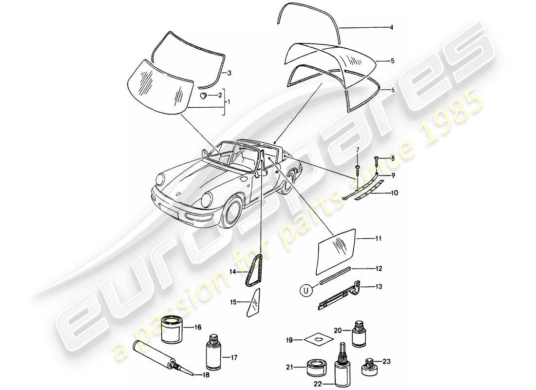 porsche 964 (1993) window glazing part diagram