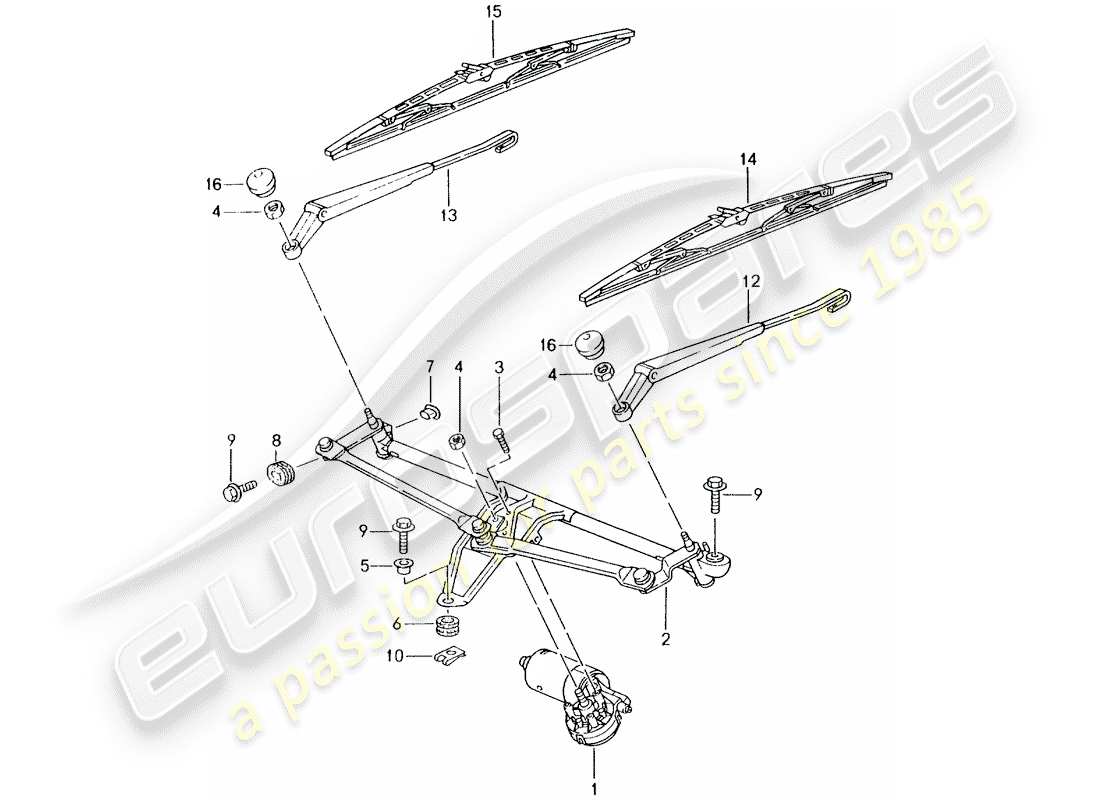 porsche 996 gt3 (2005) windscreen wiper system part diagram