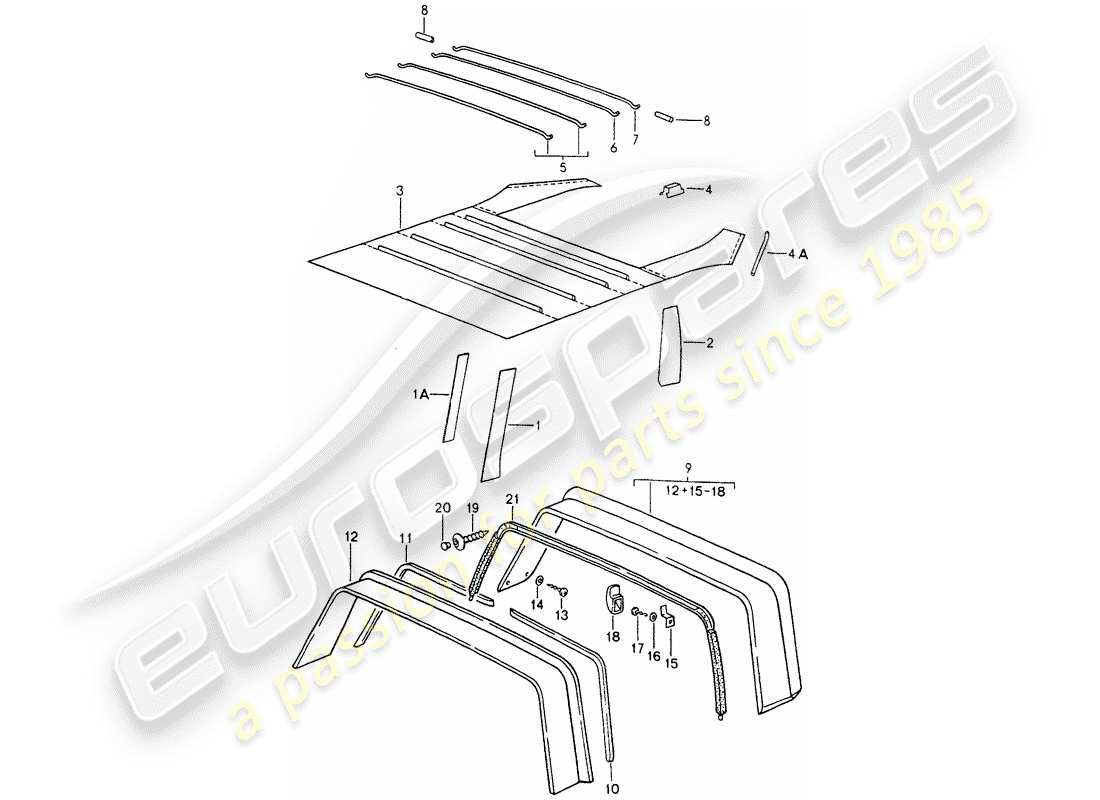 porsche 964 (1993) interior equipment - roof - roll bar part diagram