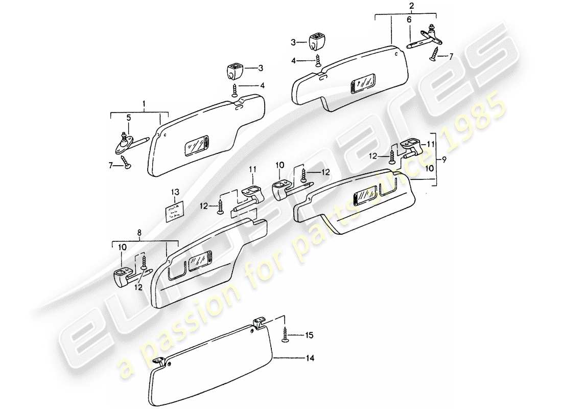 porsche 993 (1998) sun vizors part diagram