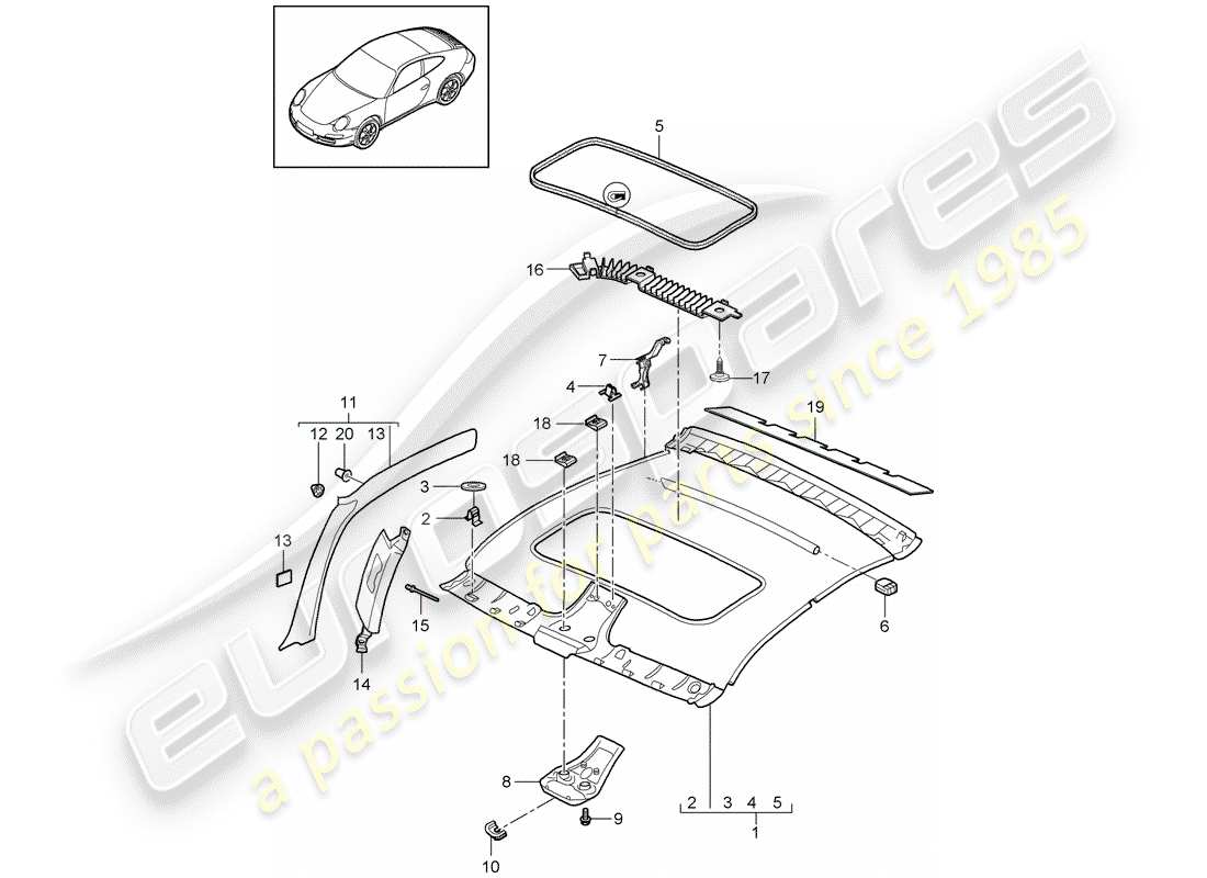 porsche 997 t/gt2 (2008) roof trim panel part diagram