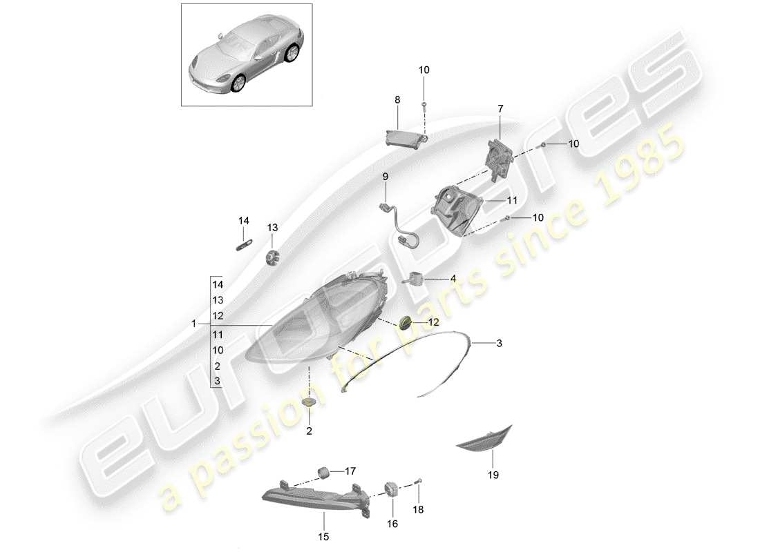 porsche 718 cayman (2020) headlamp part diagram