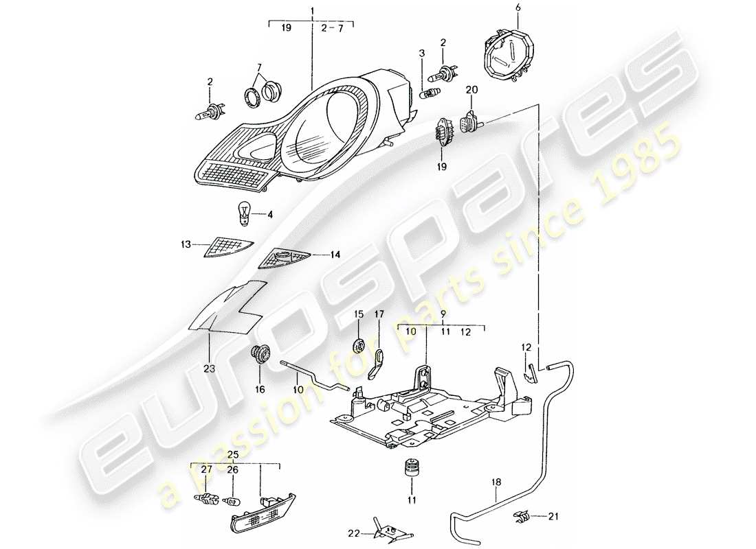 porsche boxster 986 (2001) headlamp - turn signal repeater part diagram