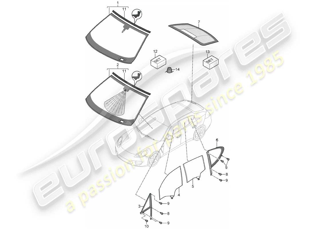 porsche panamera 970 (2010) window glazing part diagram