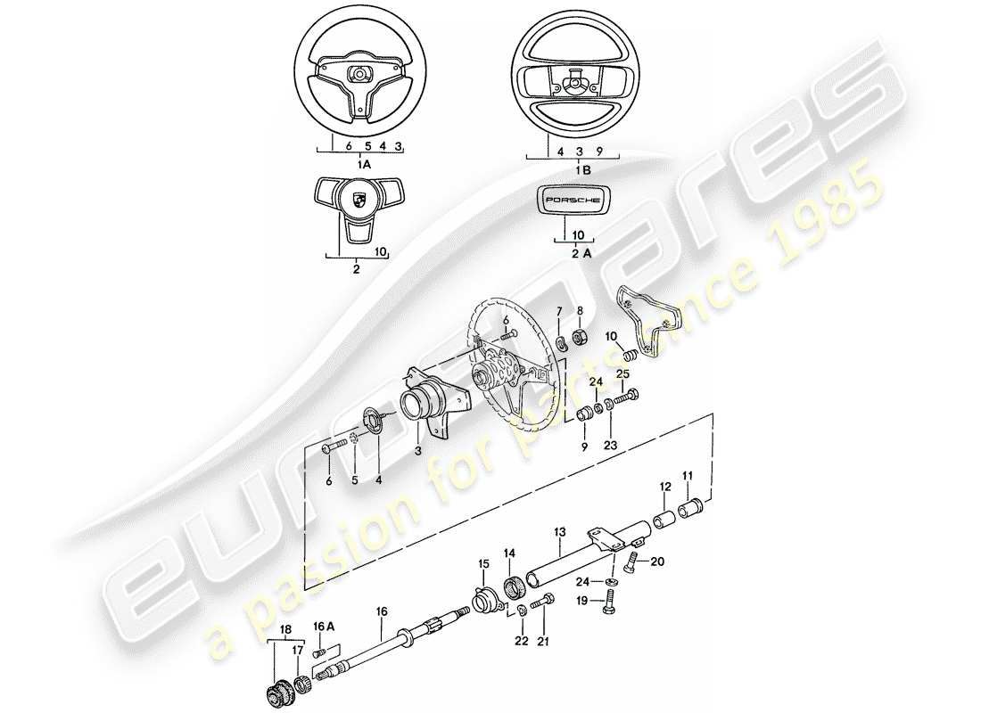 porsche 924s (1988) steering wheel - steering column part diagram