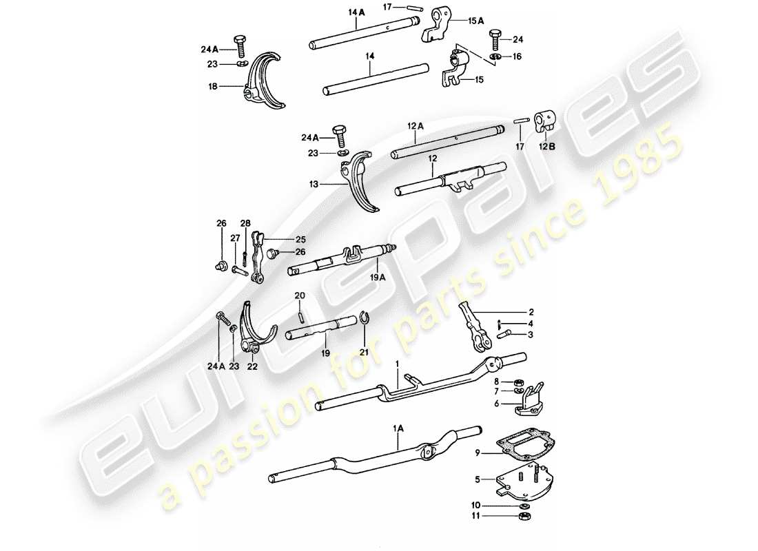 porsche 911 (1981) shift rods - shift forks - 5. - speed - transmission part diagram