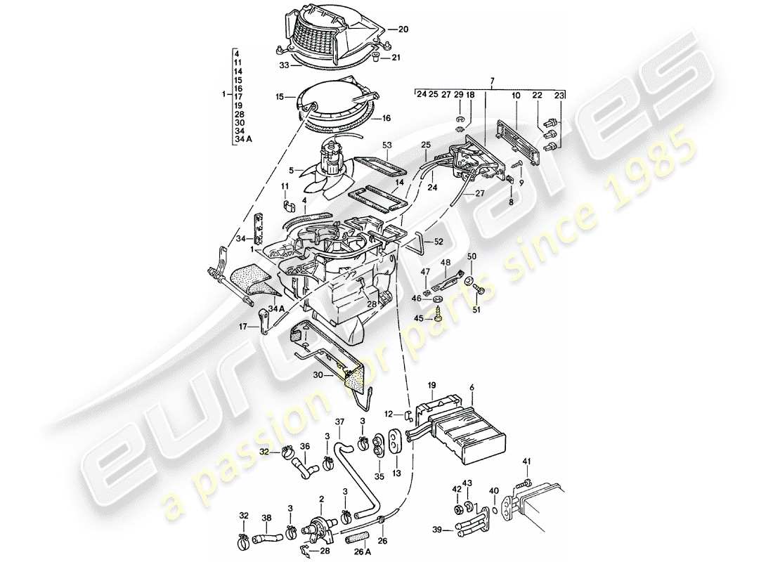 porsche 924 (1983) heater - heater core - f >> 92-cn402 197 - f >> 93-cn100 305 - f >> 93-bn700 450 part diagram