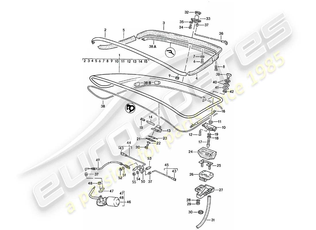 porsche 924 (1983) rear trunk lid - with: - rear spoiler part diagram