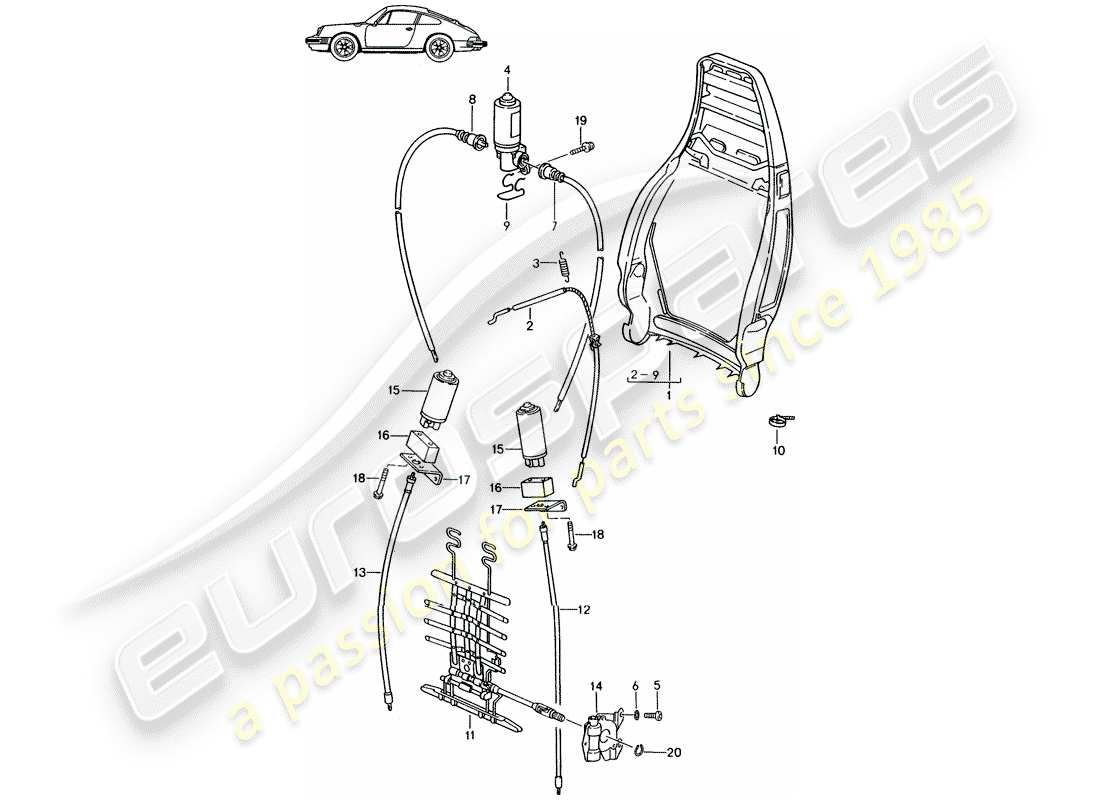 porsche seat 944/968/911/928 (1987) backrest frame - manually - electric - lumbar support - d - mj 1987>> - mj 1989 part diagram