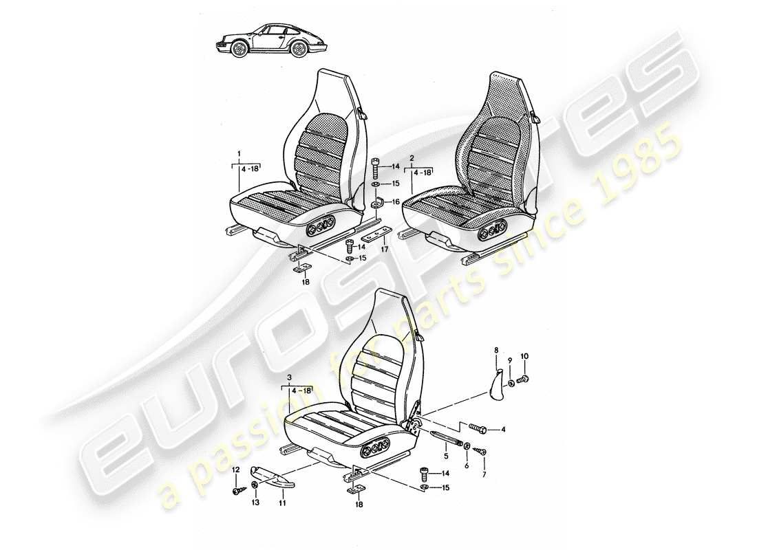 porsche seat 944/968/911/928 (1987) front seat - complete - all-electric - d - mj 1989>> - mj 1994 part diagram