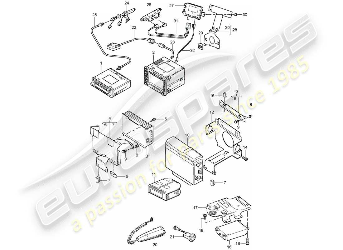 porsche boxster 986 (2002) radio unit - amplifier - navigation system - telephone - d - mj 2003>> part diagram