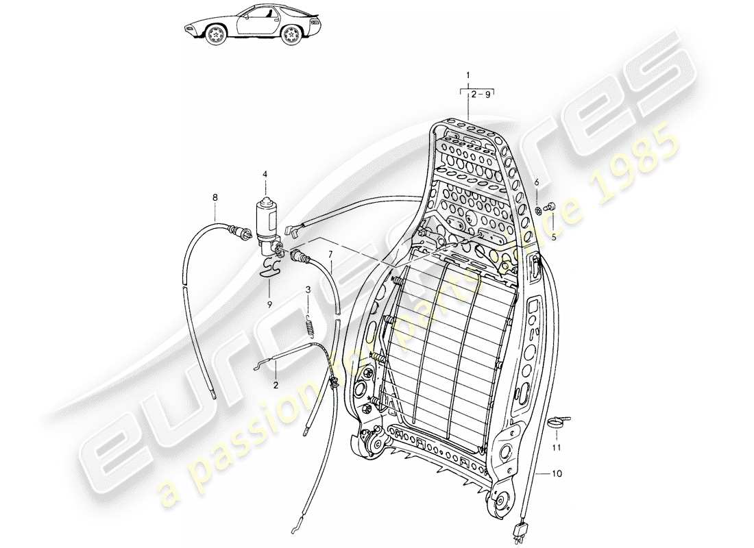 porsche seat 944/968/911/928 (1986) backrest frame - d - mj 1985>> - mj 1986 part diagram