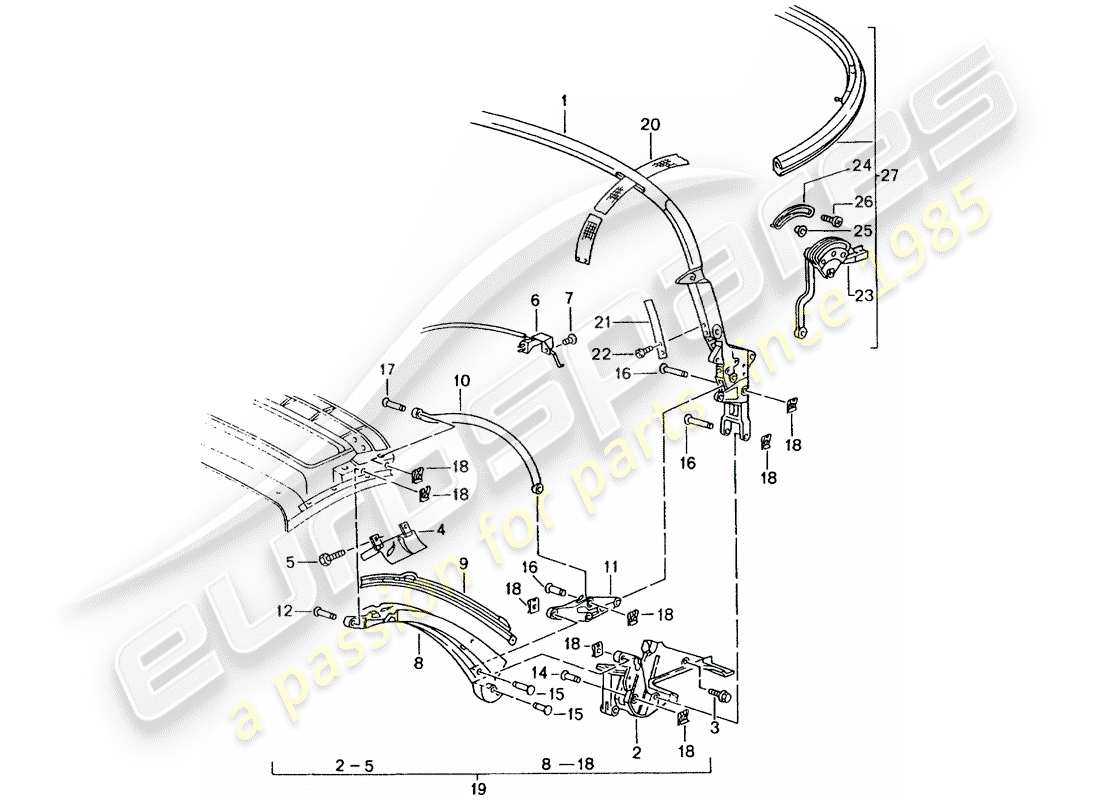 porsche boxster 986 (1999) top frame - single parts part diagram