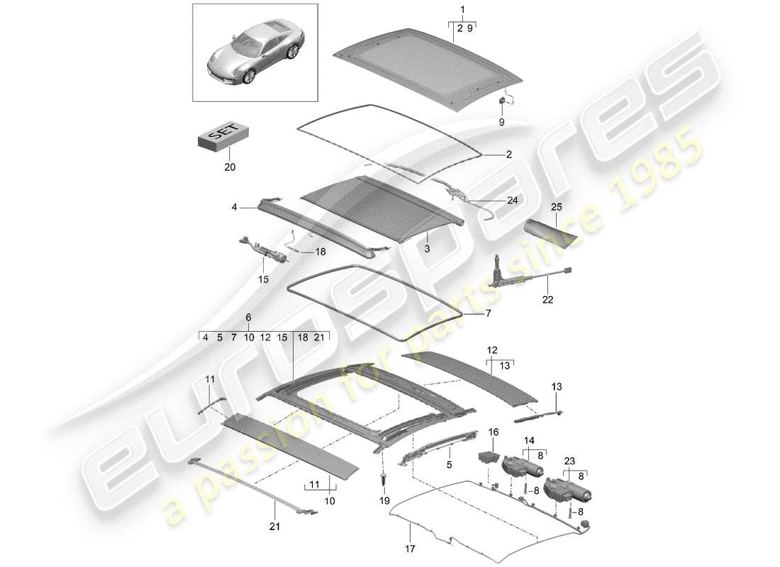 porsche 991 (2015) glass roof part diagram