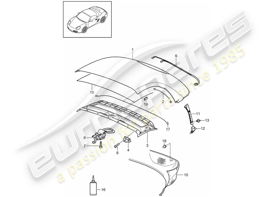 porsche boxster 987 (2010) convertible top covering part diagram