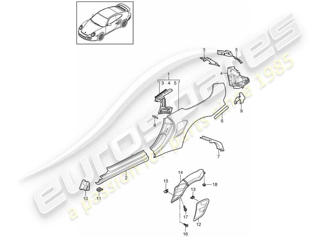 porsche 911 t/gt2rs (2011) side panel part diagram