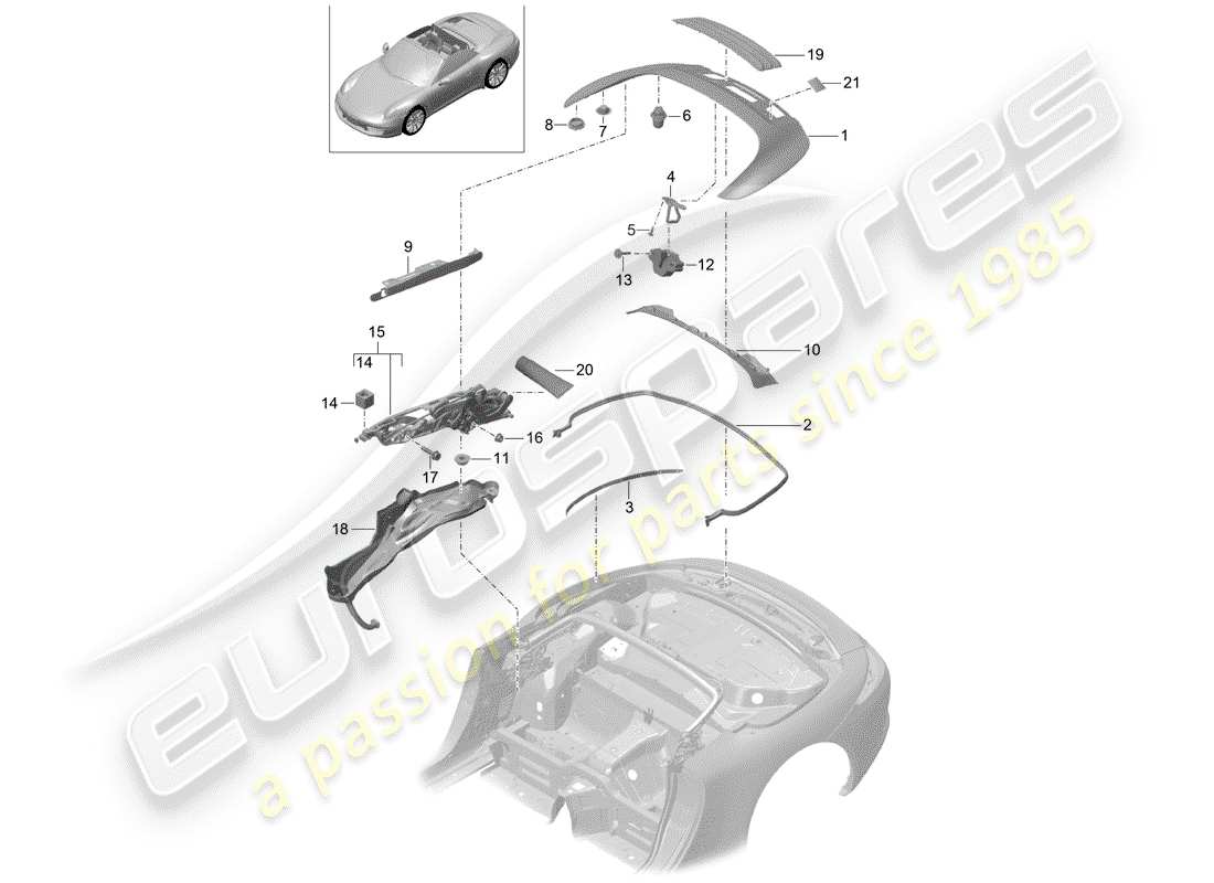 porsche 991 (2012) top stowage box part diagram