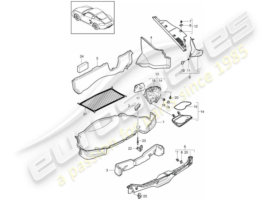 porsche cayman 987 (2009) luggage compartment part diagram