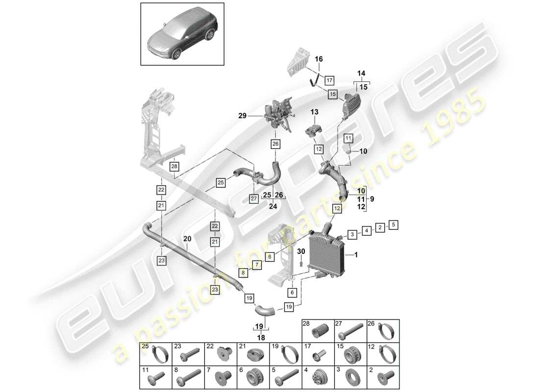 porsche cayenne e3 (2018) charge air cooler part diagram