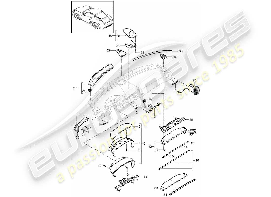 porsche cayman 987 (2011) dash panel trim part diagram