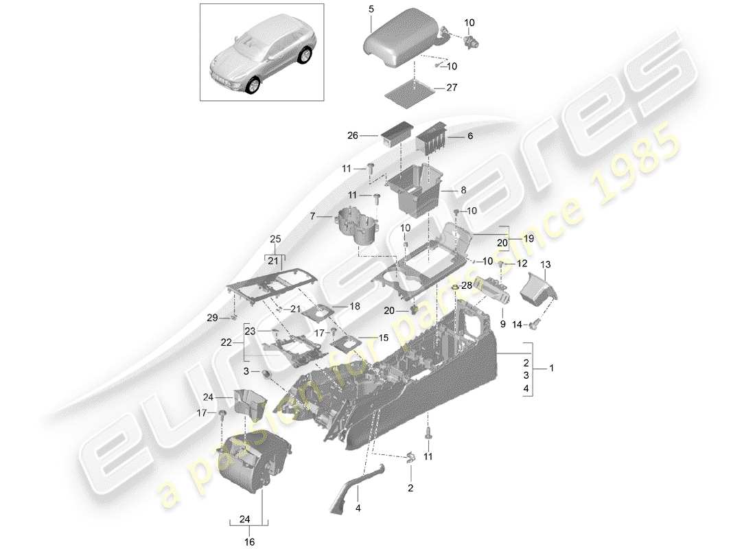 porsche macan (2018) center console part diagram