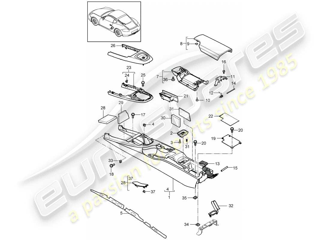 porsche cayman 987 (2011) center console part diagram