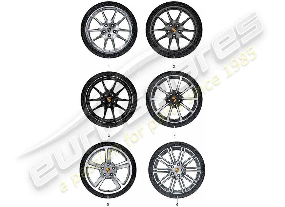 porsche tequipment 98x/99x (2019) 1 set aluminium rims with part diagram