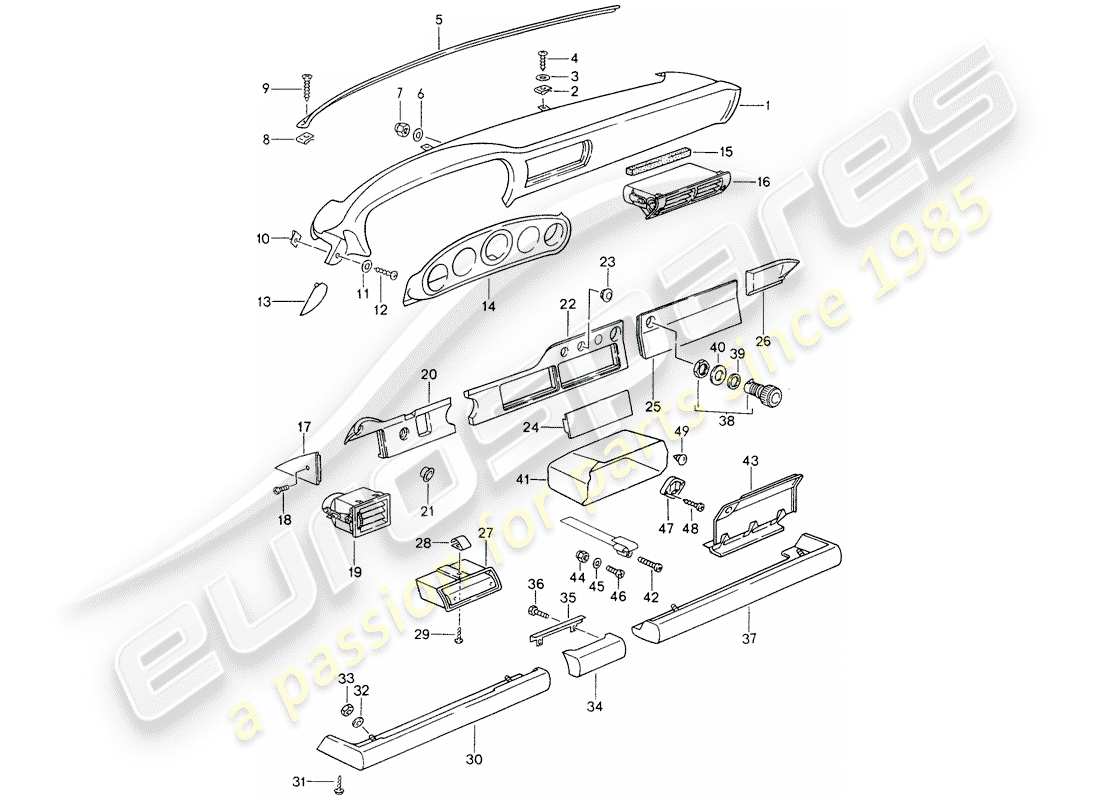 porsche 993 (1996) dashboard - knee pad trim - for cars without - airbag - (passenger side) part diagram