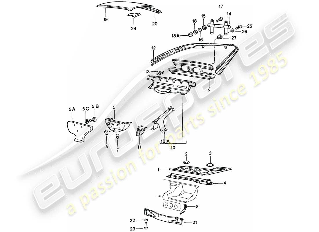 porsche 924 (1977) transmission carrier - luggage compartment floor - roof part diagram