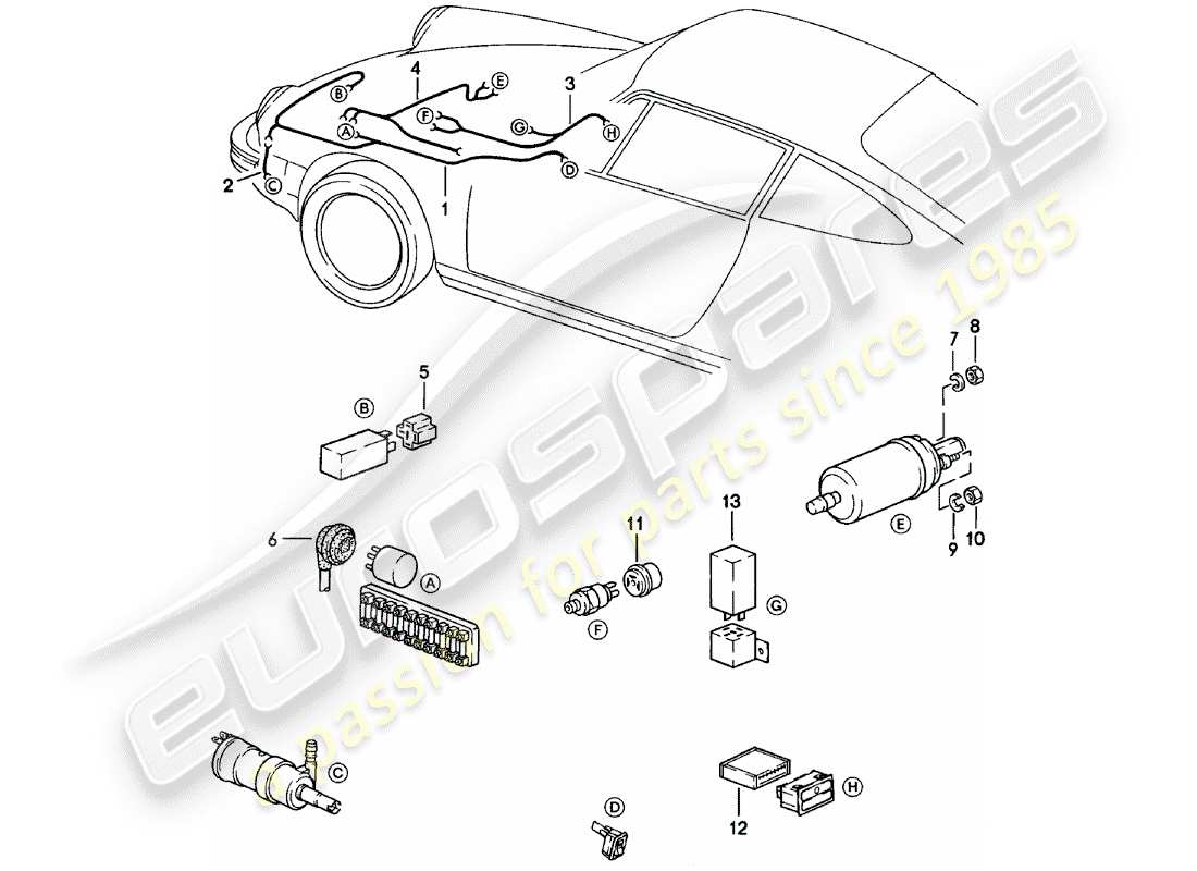 porsche 911 (1980) wiring harnesses - headlight washer system - warning light - fuel pump part diagram