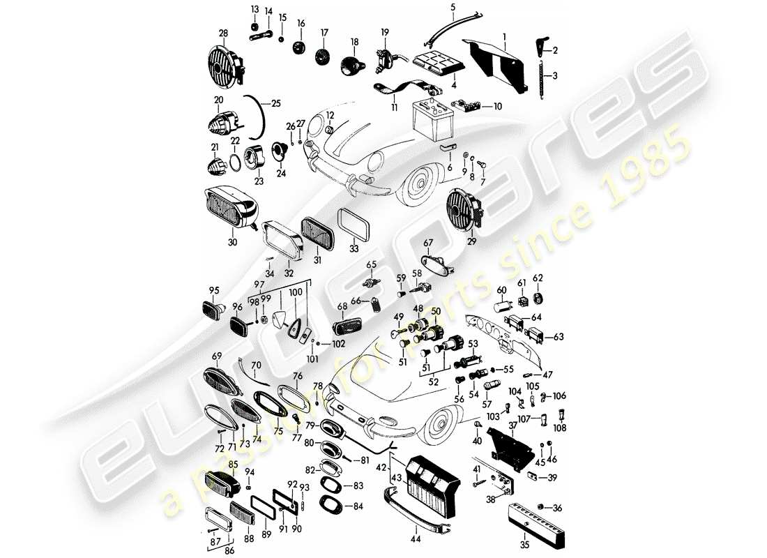 porsche 356b/356c (1965) headlamp - and - switch - battery part diagram