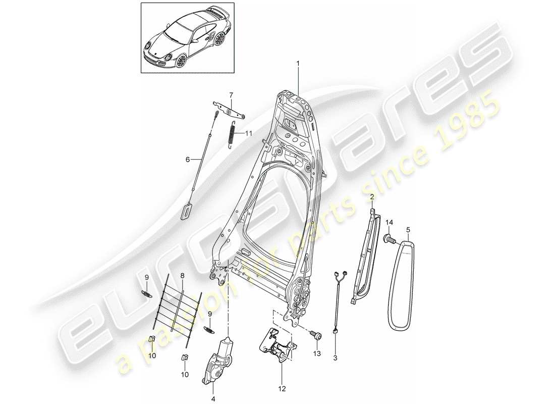 porsche 911 t/gt2rs (2011) backrest frame part diagram