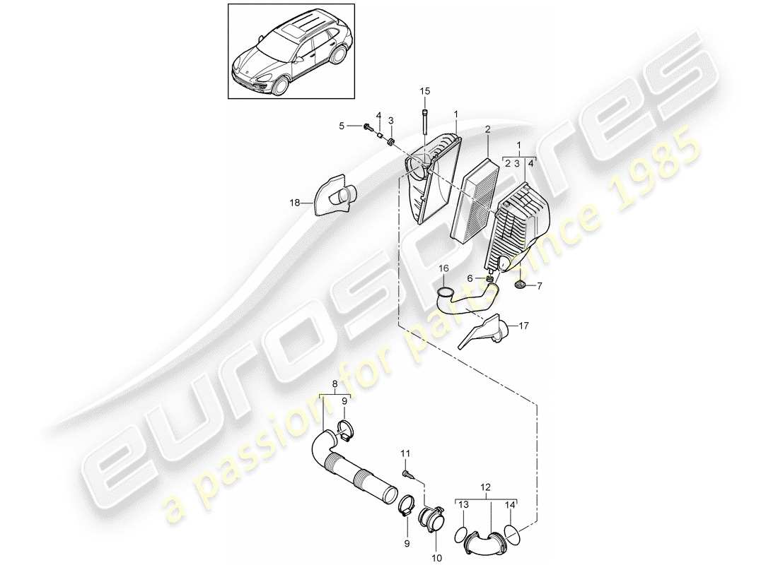 porsche cayenne e2 (2012) air cleaner with connecting part diagram