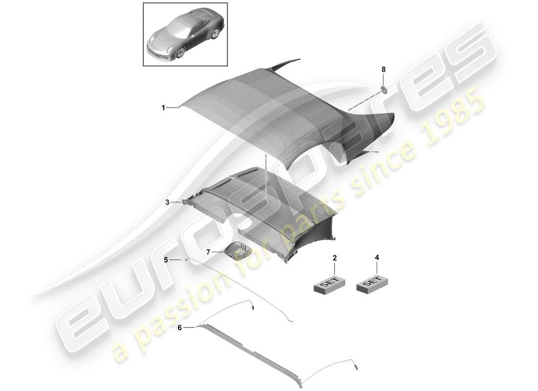 porsche 991r/gt3/rs (2019) convertible top covering part diagram