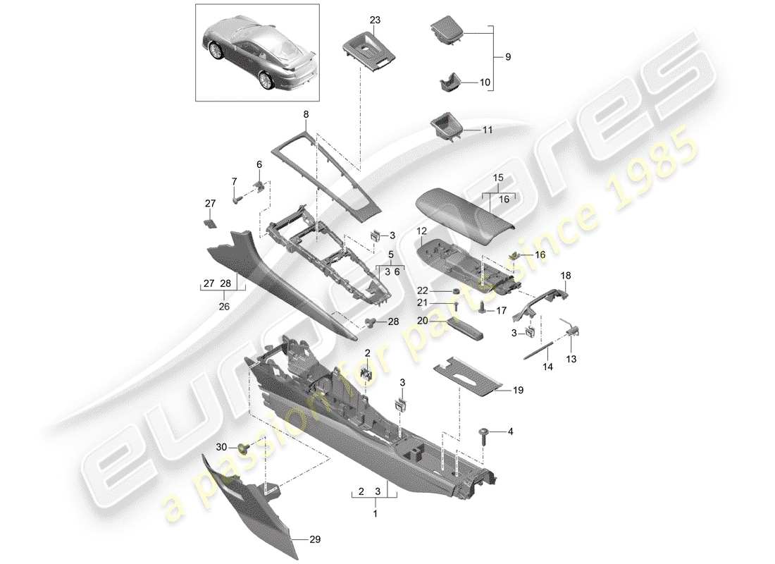 porsche 991r/gt3/rs (2019) center console part diagram