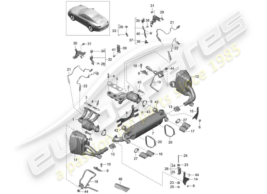 porsche 991 (2013) exhaust system part diagram