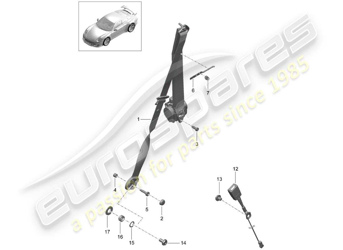 porsche 991r/gt3/rs (2019) three-point seat belt part diagram