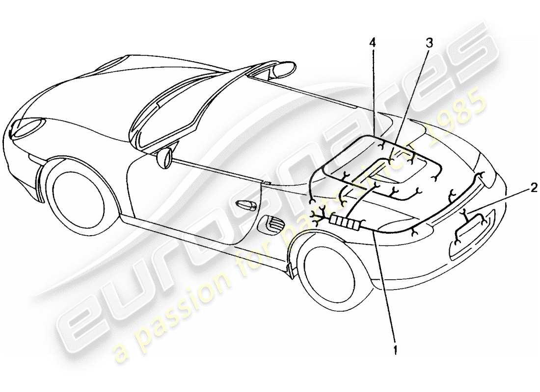 porsche boxster 986 (2003) wiring harnesses - rear end - license plate light - additional brake light - engine - repair kit - anti-locking brake syst. -abs- - brake pad wear indicator - rear axle part diagram