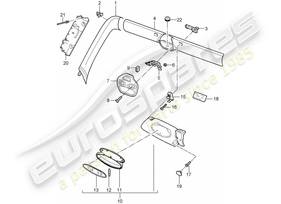 porsche 996 (2002) windshield frame - windshield frame - sun vizors - sun vizors part diagram