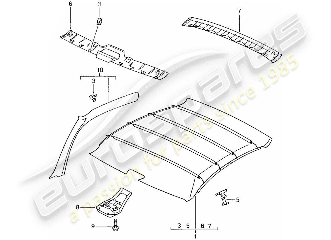 porsche 996 gt3 (2005) roof trim panel part diagram