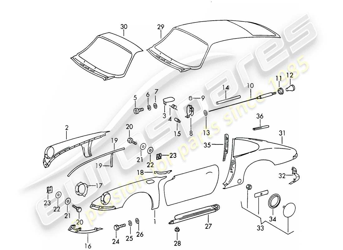 porsche 911/912 (1968) exterior panelling part diagram