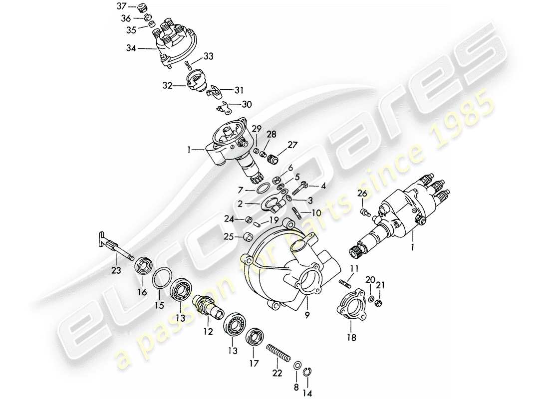 porsche 356b/356c (1965) distributor - driving mechanism part diagram