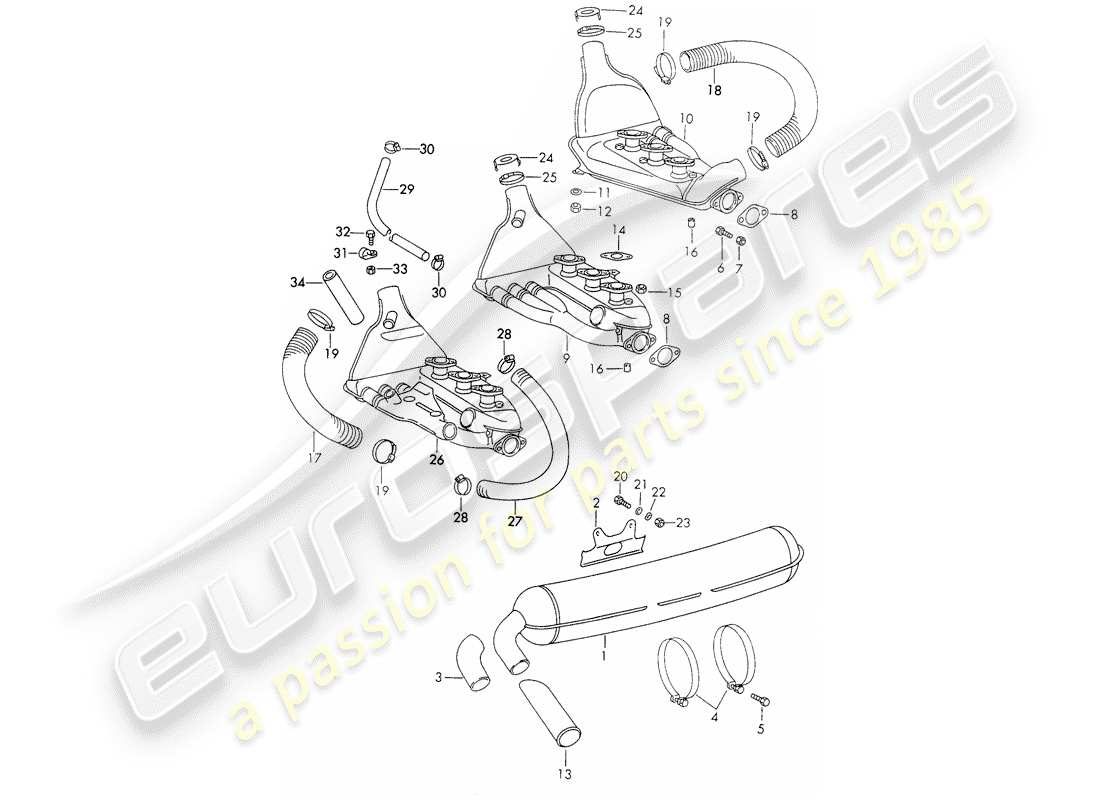 porsche 911 (1973) exhaust system part diagram