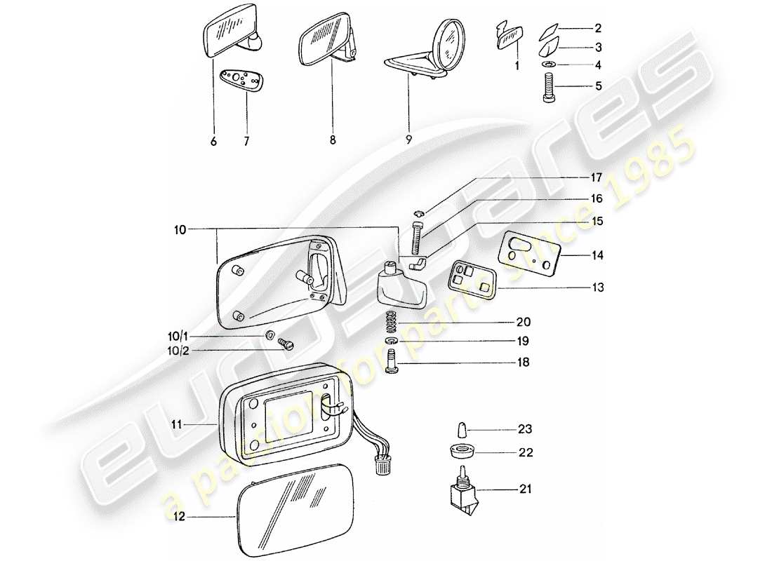 porsche 911 (1976) rear view mirror inner - rear view mirror part diagram