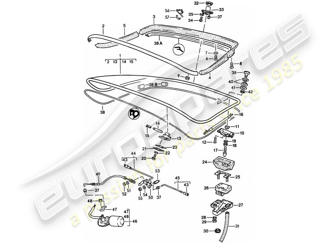 porsche 924s (1987) rear trunk lid - rear spoiler part diagram