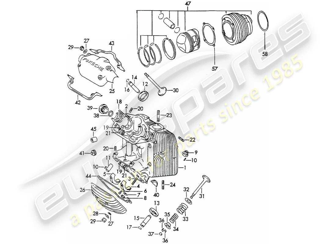 porsche 356b/356c (1962) cylinder head - cylinder with pistons part diagram