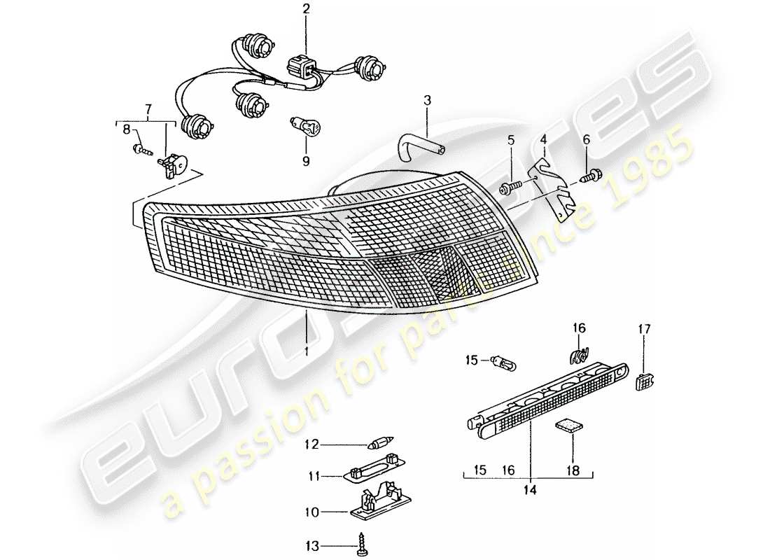 porsche 996 (2004) rear light - license plate light - additional brake light part diagram