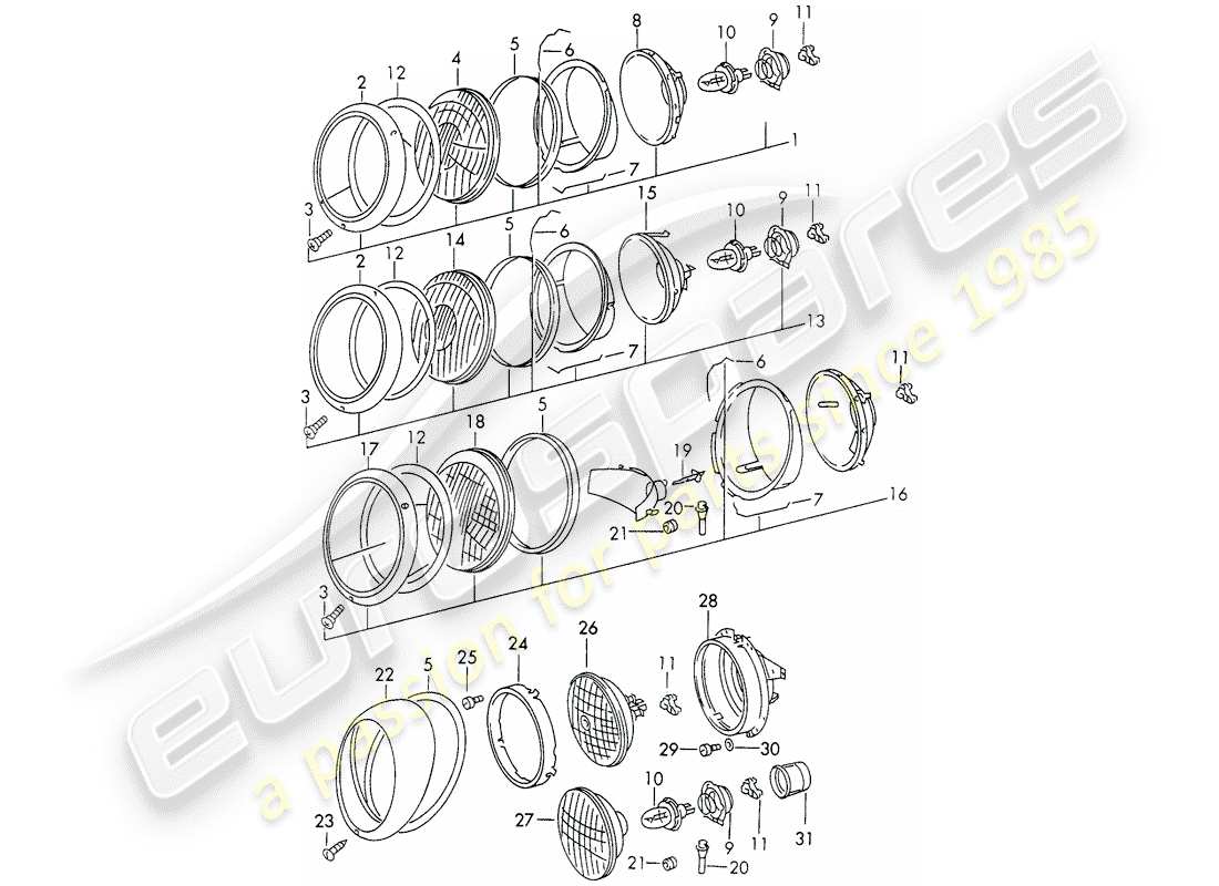 porsche 911/912 (1969) headlamp - d - mj 1969>> - mj 1969 part diagram