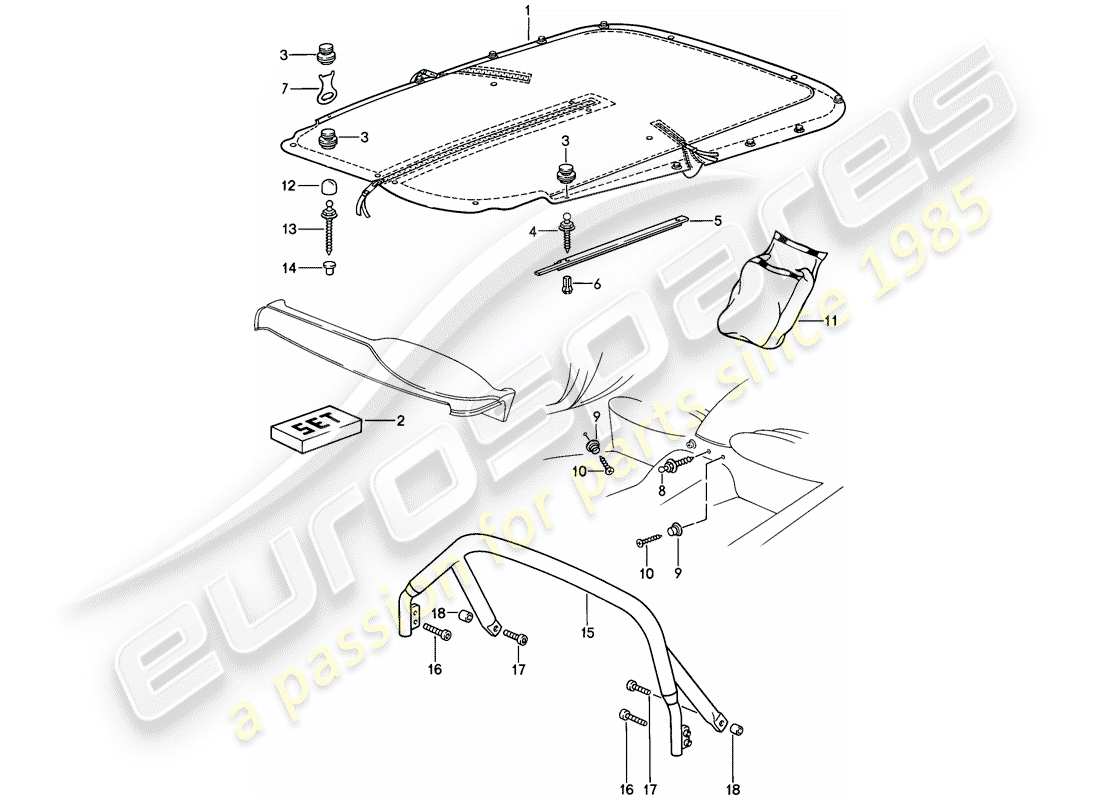 porsche 911 (1986) tonneau cover with - fittings - cover clip part diagram